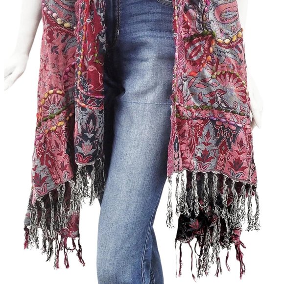 New Raspberry Grey Raj Boho Vest Embroidered Fringe 1 Size Women Gift For Her - Picture 4 of 6